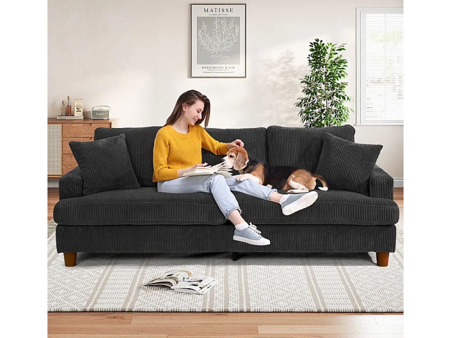 Discount DripeX Sofá 3 Lugares de Veludo Cotelê, com 2 Almofadas, assentos extra profundos 53cm, 220x76x84cm, Preto