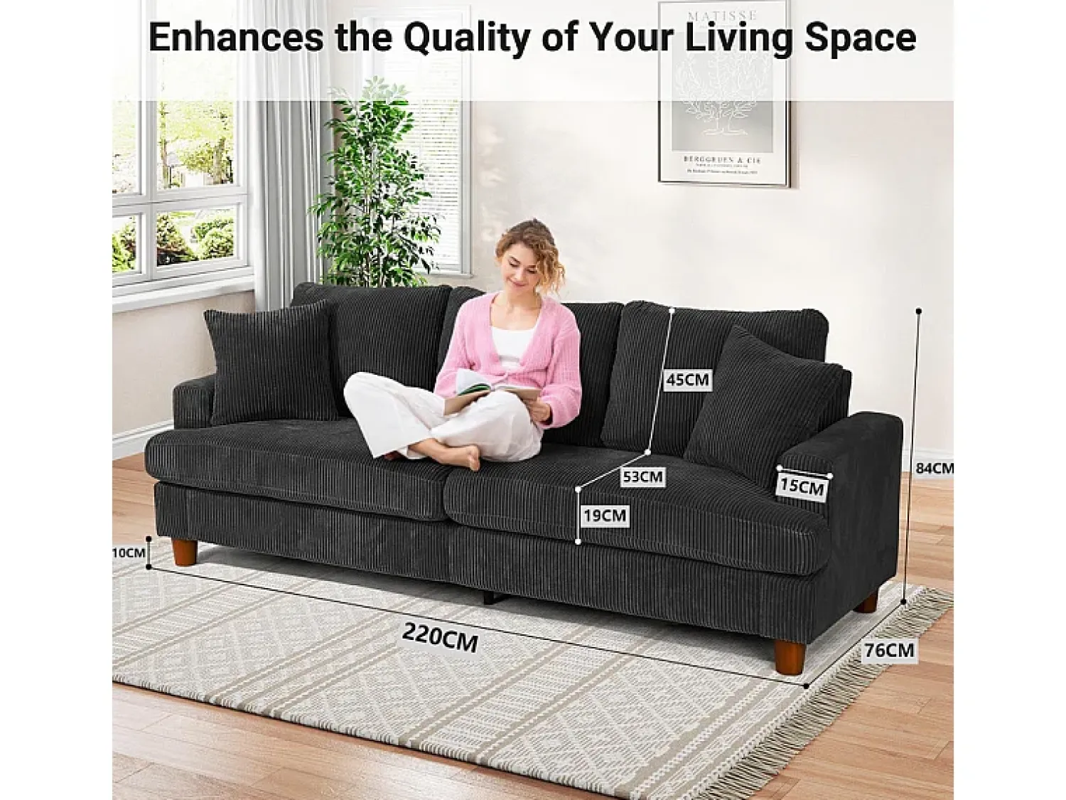 Discount DripeX Sofá 3 Lugares de Veludo Cotelê, com 2 Almofadas, assentos extra profundos 53cm, 220x76x84cm, Preto
