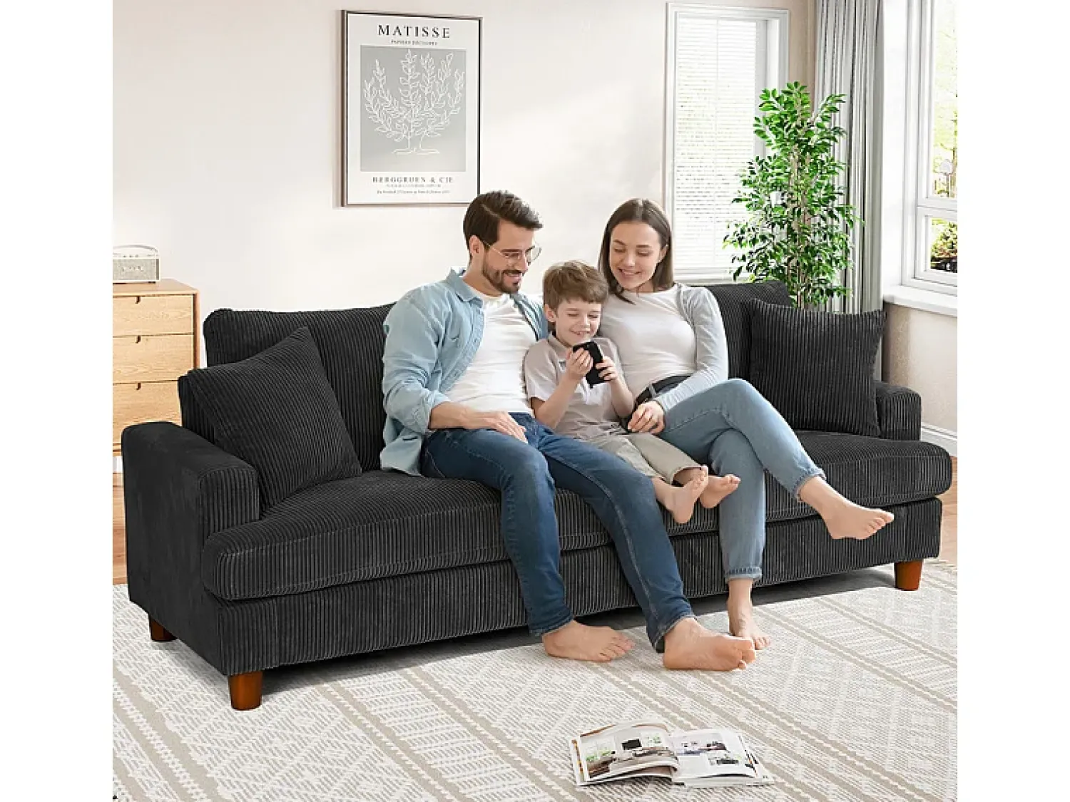 Discount DripeX Sofá 3 Lugares de Veludo Cotelê, com 2 Almofadas, assentos extra profundos 53cm, 220x76x84cm, Preto