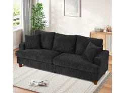 Discount DripeX Sofá 3 Lugares de Veludo Cotelê, com 2 Almofadas, assentos extra profundos 53cm, 220x76x84cm, Preto