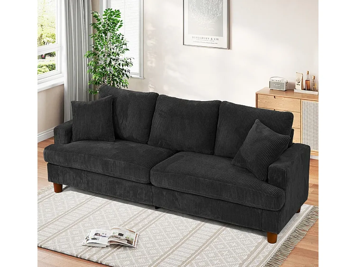 Discount DripeX Sofá 3 Lugares de Veludo Cotelê, com 2 Almofadas, assentos extra profundos 53cm, 220x76x84cm, Preto