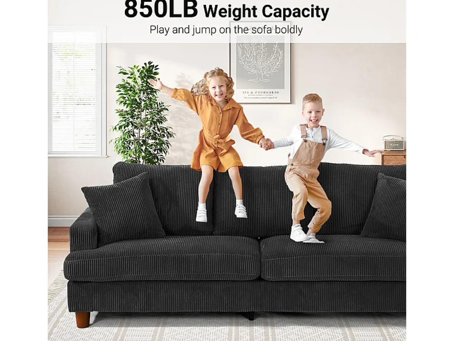 Discount DripeX Sofá 3 Lugares de Veludo Cotelê, com 2 Almofadas, assentos extra profundos 53cm, 220x76x84cm, Preto