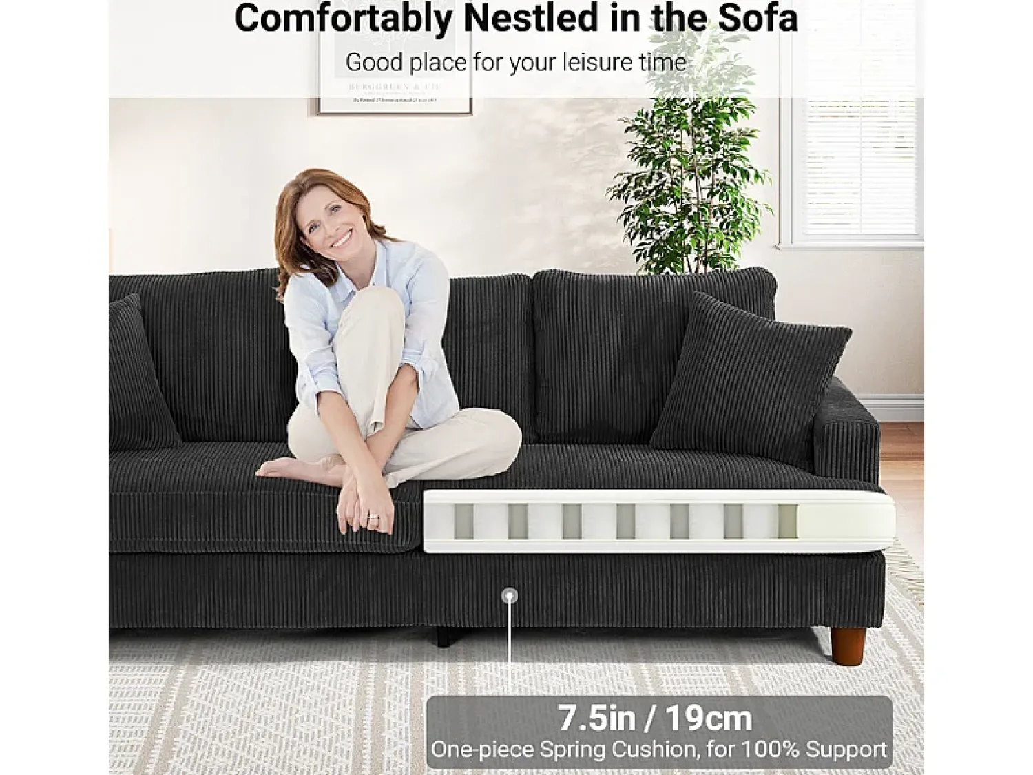 Discount DripeX Sofá 3 Lugares de Veludo Cotelê, com 2 Almofadas, assentos extra profundos 53cm, 220x76x84cm, Preto
