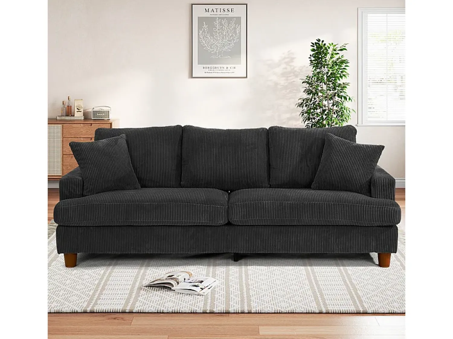 Discount DripeX Sofá 3 Lugares de Veludo Cotelê, com 2 Almofadas, assentos extra profundos 53cm, 220x76x84cm, Preto