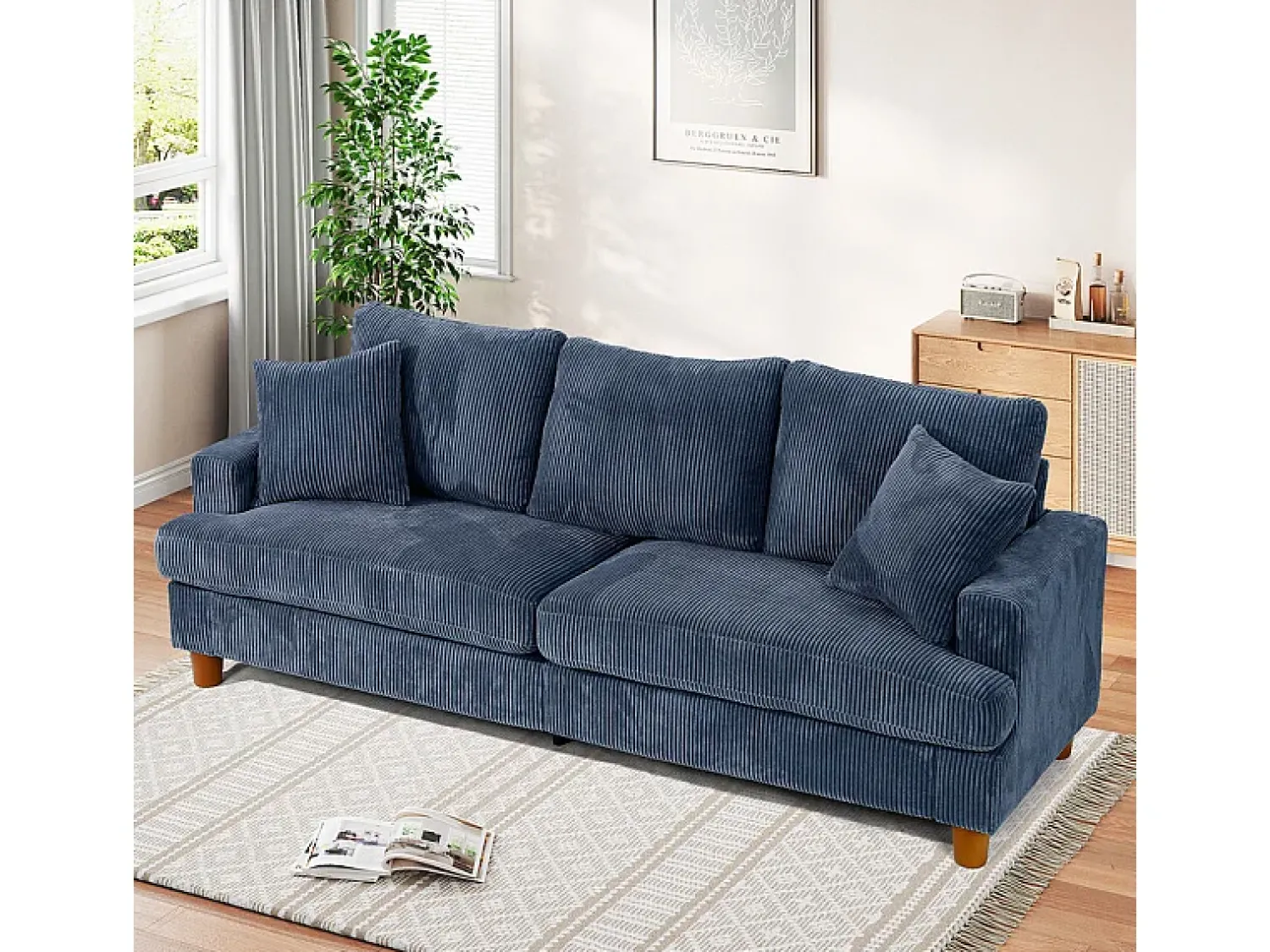 Sofá*DripeX Sofá 3 Lugares de Veludo Cotelê, com 2 Almofadas, assentos extra profundos 53cm, 220x76x84cm, Azul