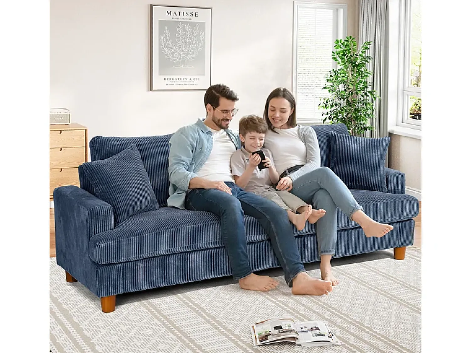 Sofá*DripeX Sofá 3 Lugares de Veludo Cotelê, com 2 Almofadas, assentos extra profundos 53cm, 220x76x84cm, Azul