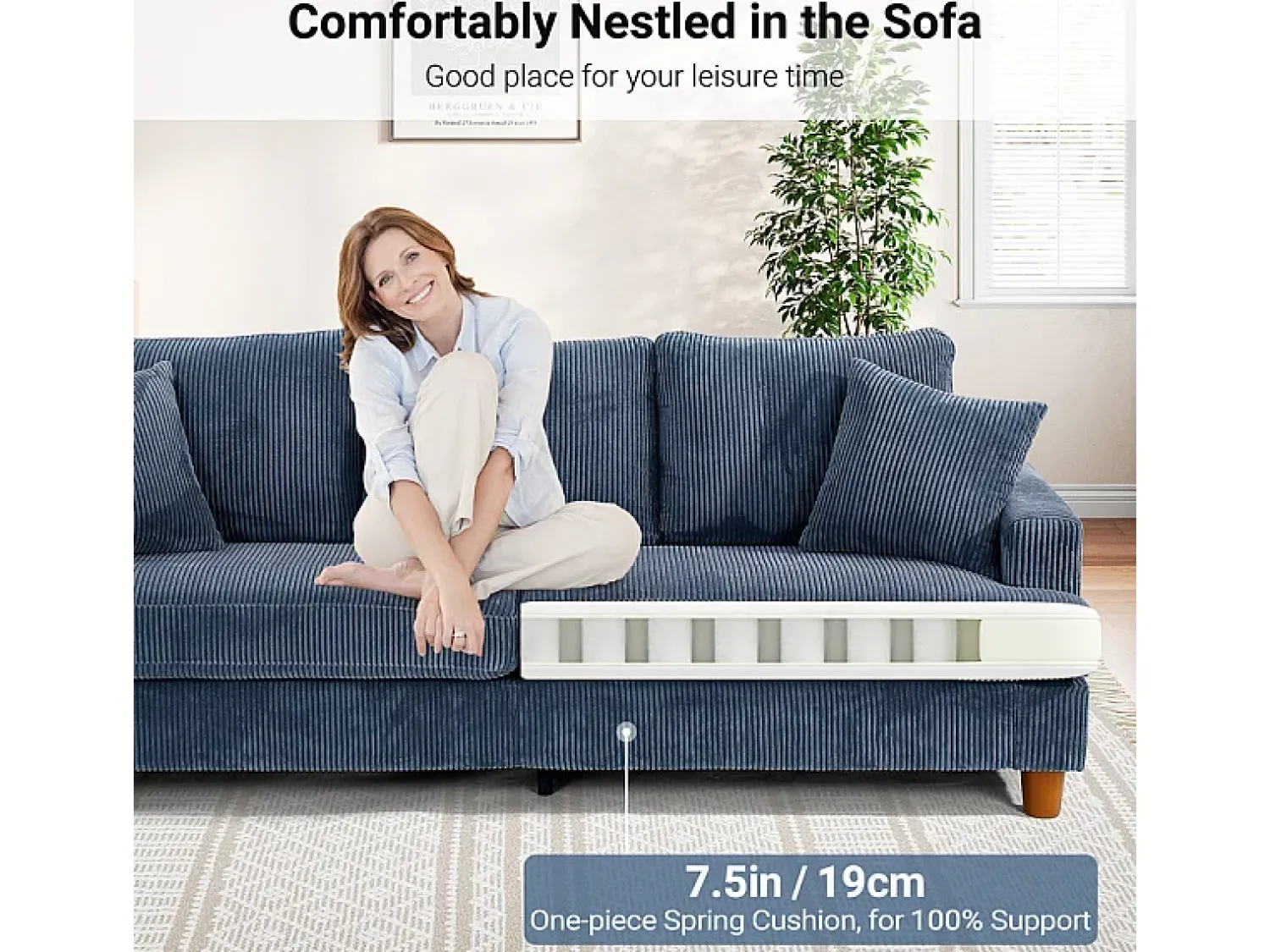 Sofá*DripeX Sofá 3 Lugares de Veludo Cotelê, com 2 Almofadas, assentos extra profundos 53cm, 220x76x84cm, Azul