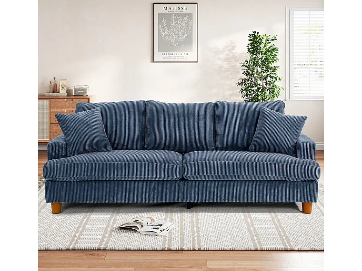 Sofá*DripeX Sofá 3 Lugares de Veludo Cotelê, com 2 Almofadas, assentos extra profundos 53cm, 220x76x84cm, Azul