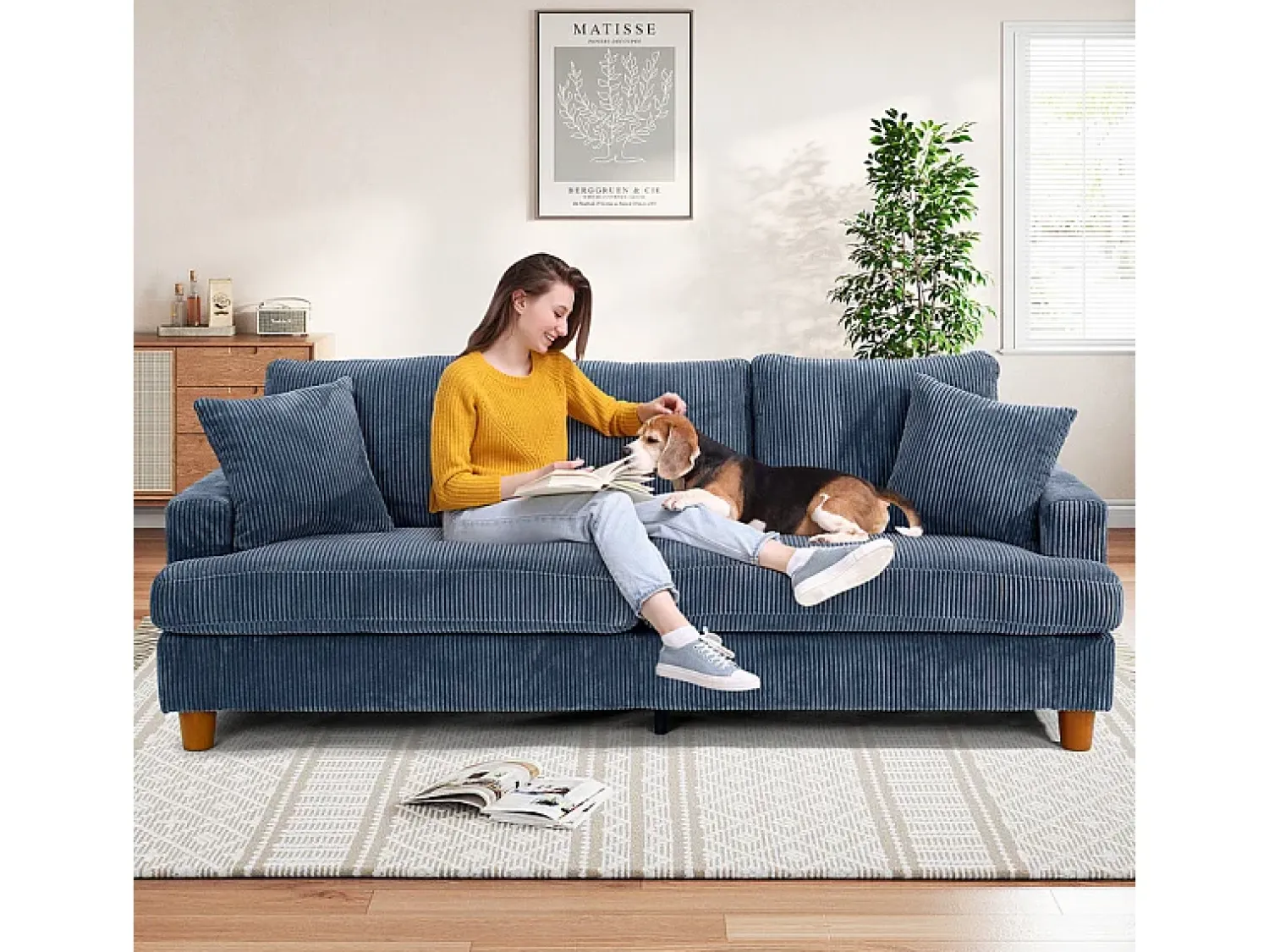 Sofá*DripeX Sofá 3 Lugares de Veludo Cotelê, com 2 Almofadas, assentos extra profundos 53cm, 220x76x84cm, Azul