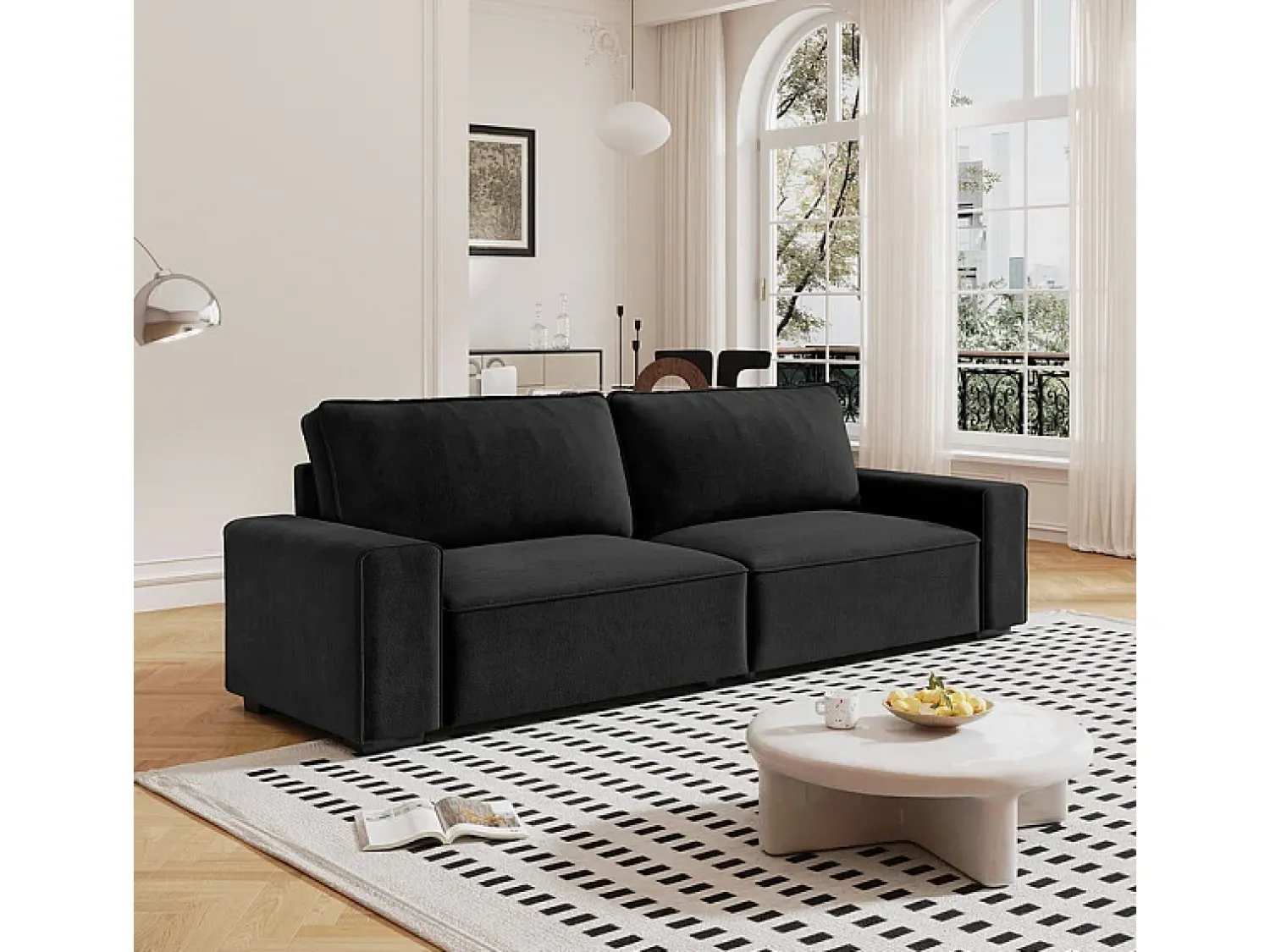 Sofá|DripeX Sofá 3 lugares em chenille - com grandes braços - assento profundo 55cm - 220 x 83 x 88 cm Preto