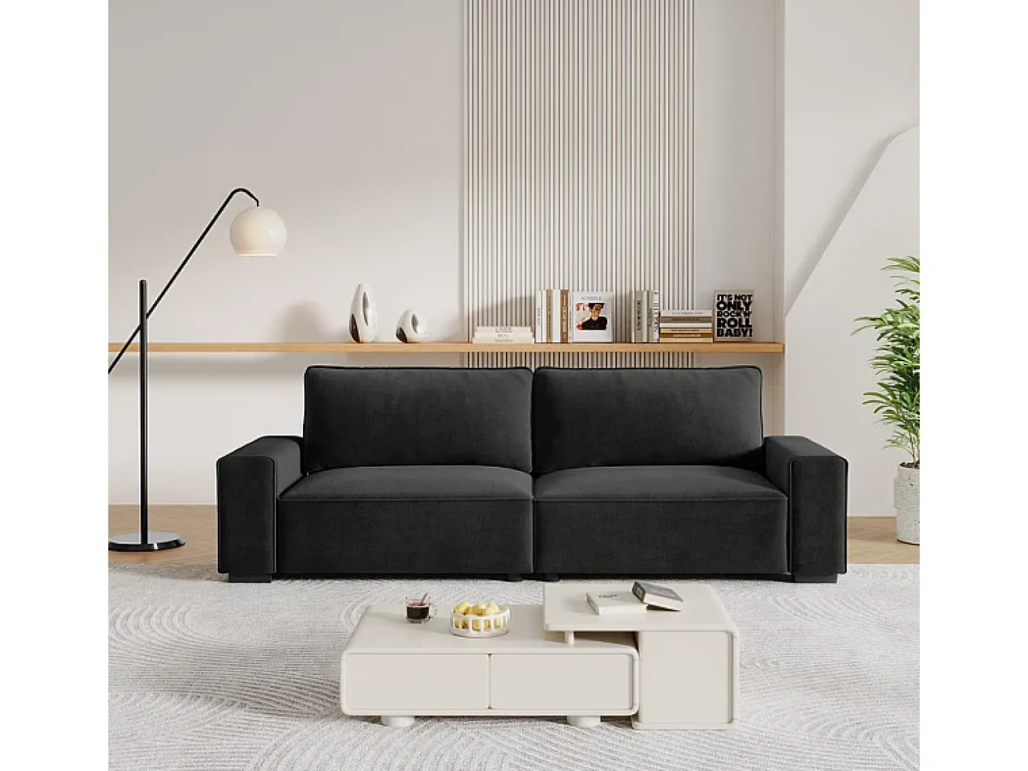 Sofá|DripeX Sofá 3 lugares em chenille - com grandes braços - assento profundo 55cm - 220 x 83 x 88 cm Preto