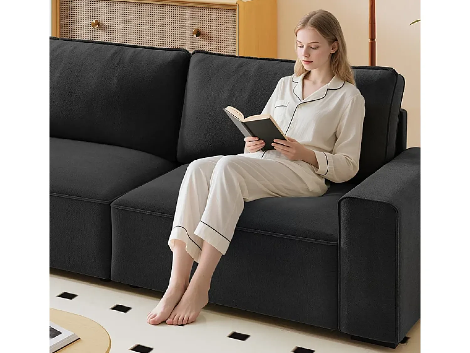 Sofá|DripeX Sofá 3 lugares em chenille - com grandes braços - assento profundo 55cm - 220 x 83 x 88 cm Preto