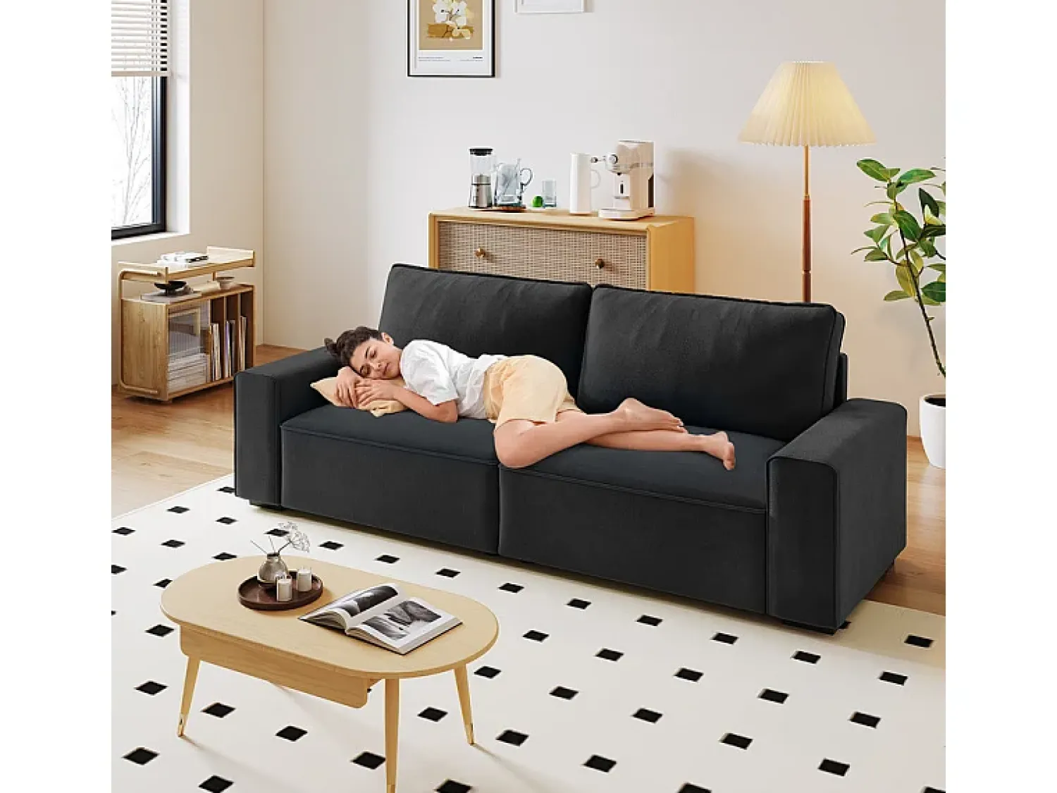 Sofá|DripeX Sofá 3 lugares em chenille - com grandes braços - assento profundo 55cm - 220 x 83 x 88 cm Preto