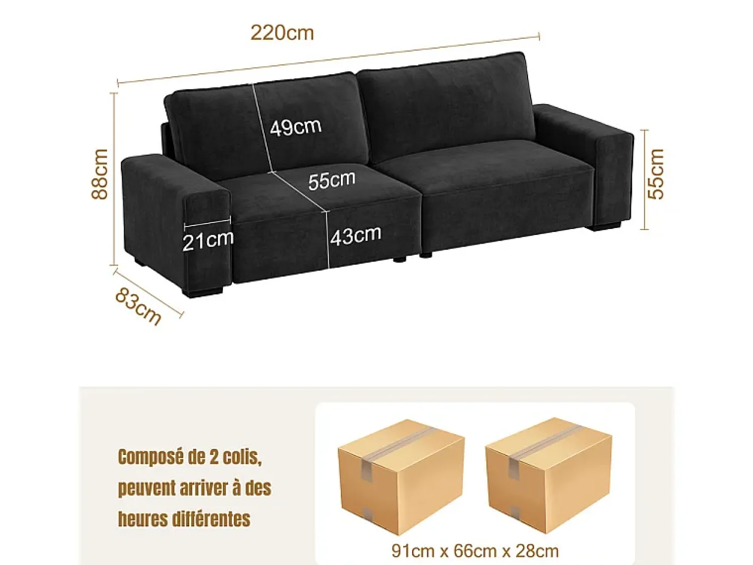 Sofá|DripeX Sofá 3 lugares em chenille - com grandes braços - assento profundo 55cm - 220 x 83 x 88 cm Preto