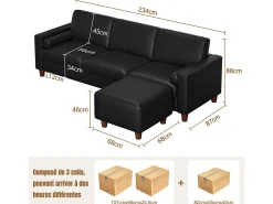 Sale DripeX Sofá 3 lugares em courino, com puff e 2 almofadas redondas, estrutura de madeira, 234x155x88cm, Preto