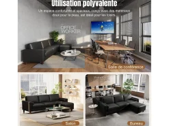 Sale DripeX Sofá 3 lugares em courino, com puff e 2 almofadas redondas, estrutura de madeira, 234x155x88cm, Preto