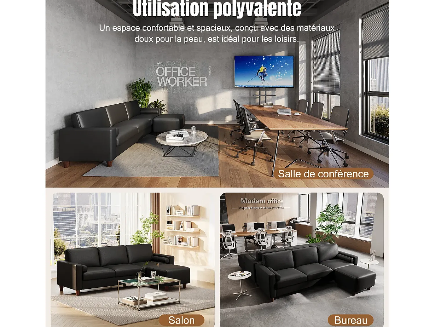 Sale DripeX Sofá 3 lugares em courino, com puff e 2 almofadas redondas, estrutura de madeira, 234x155x88cm, Preto