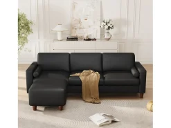 Sale DripeX Sofá 3 lugares em courino, com puff e 2 almofadas redondas, estrutura de madeira, 234x155x88cm, Preto
