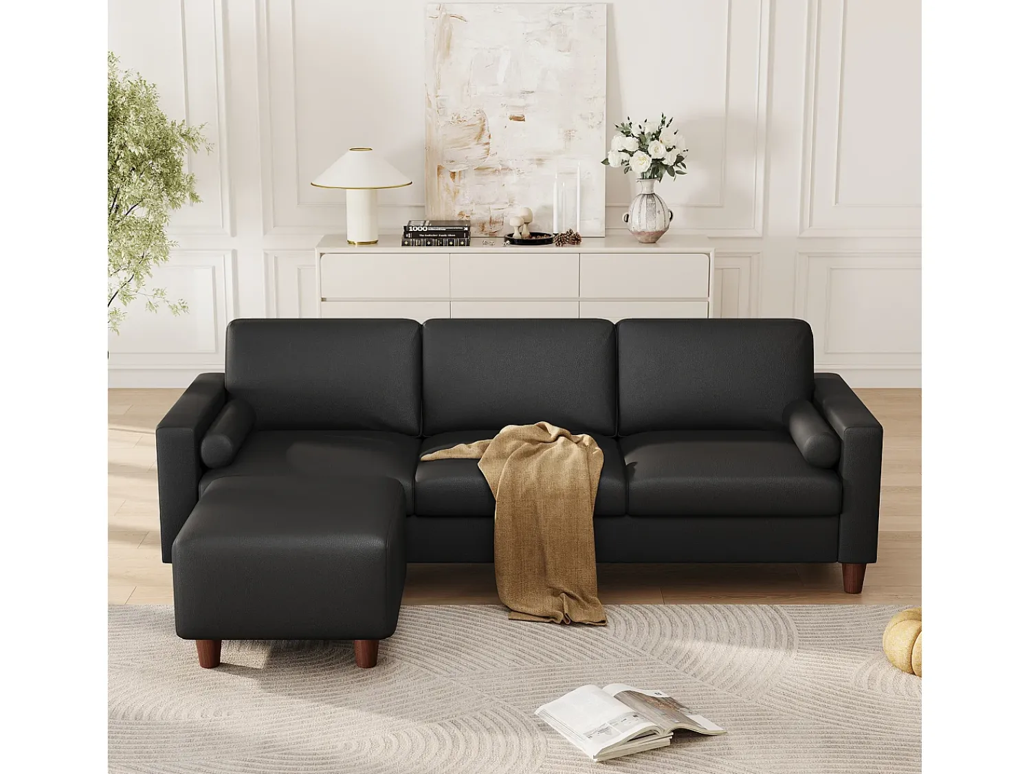 Sale DripeX Sofá 3 lugares em courino, com puff e 2 almofadas redondas, estrutura de madeira, 234x155x88cm, Preto