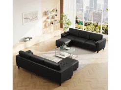 Sale DripeX Sofá 3 lugares em courino, com puff e 2 almofadas redondas, estrutura de madeira, 234x155x88cm, Preto