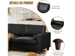 Sale DripeX Sofá 3 lugares em courino, com puff e 2 almofadas redondas, estrutura de madeira, 234x155x88cm, Preto