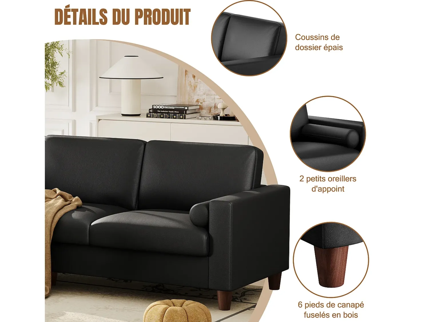 Sale DripeX Sofá 3 lugares em courino, com puff e 2 almofadas redondas, estrutura de madeira, 234x155x88cm, Preto