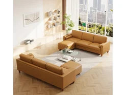 Sofá|DripeX Sofá 3 lugares em courino, com puff e 2 almofadas redondas, estrutura de madeira, 234x155x88cm, Laranja Cor de laranja