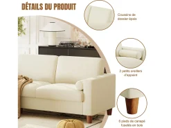 Clearance DripeX Sofá 3 lugares em courino, com puff e 2 almofadas redondas, estrutura de madeira, 234x155x88cm, Bege