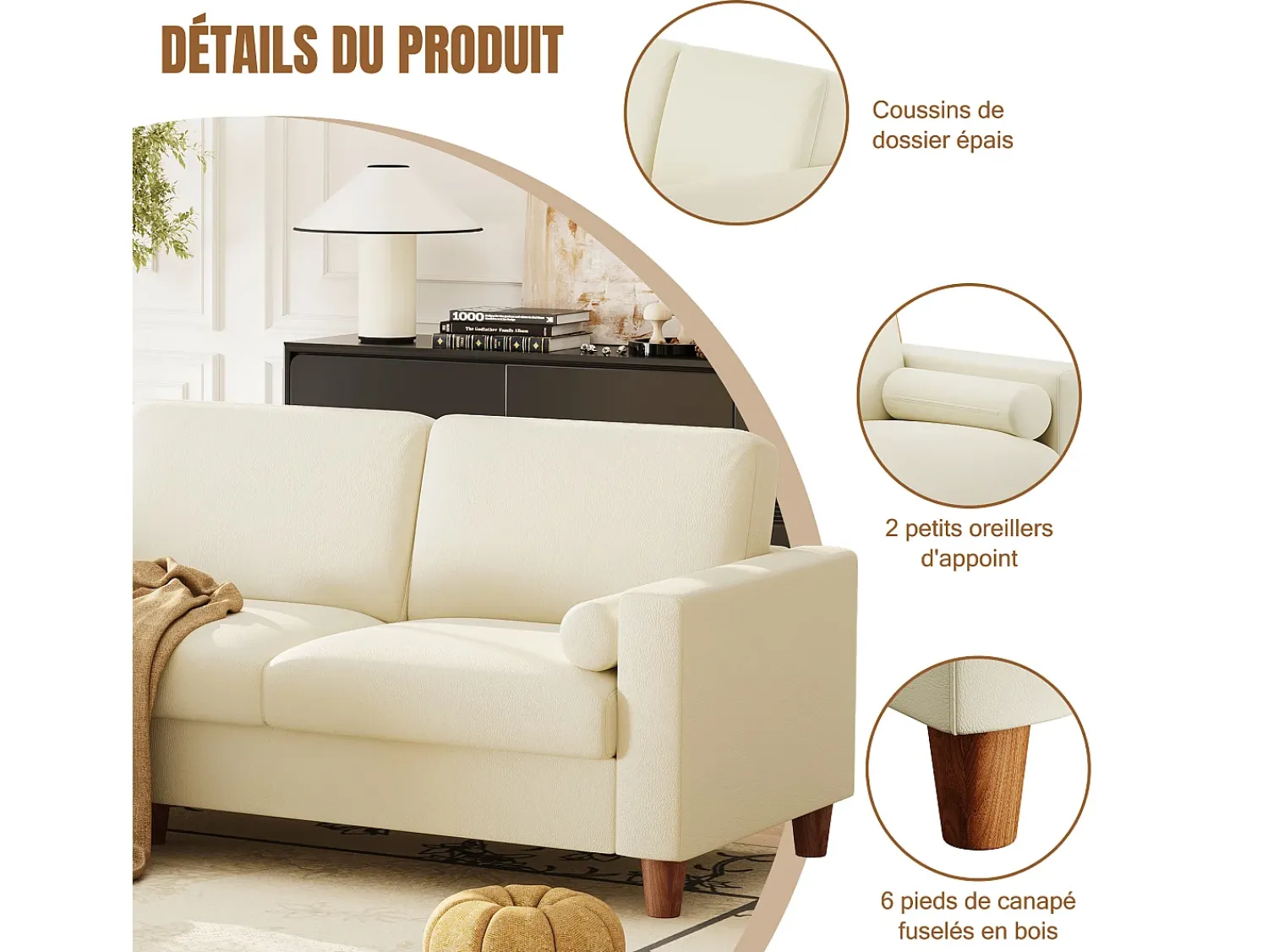 Clearance DripeX Sofá 3 lugares em courino, com puff e 2 almofadas redondas, estrutura de madeira, 234x155x88cm, Bege