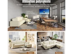 Clearance DripeX Sofá 3 lugares em courino, com puff e 2 almofadas redondas, estrutura de madeira, 234x155x88cm, Bege
