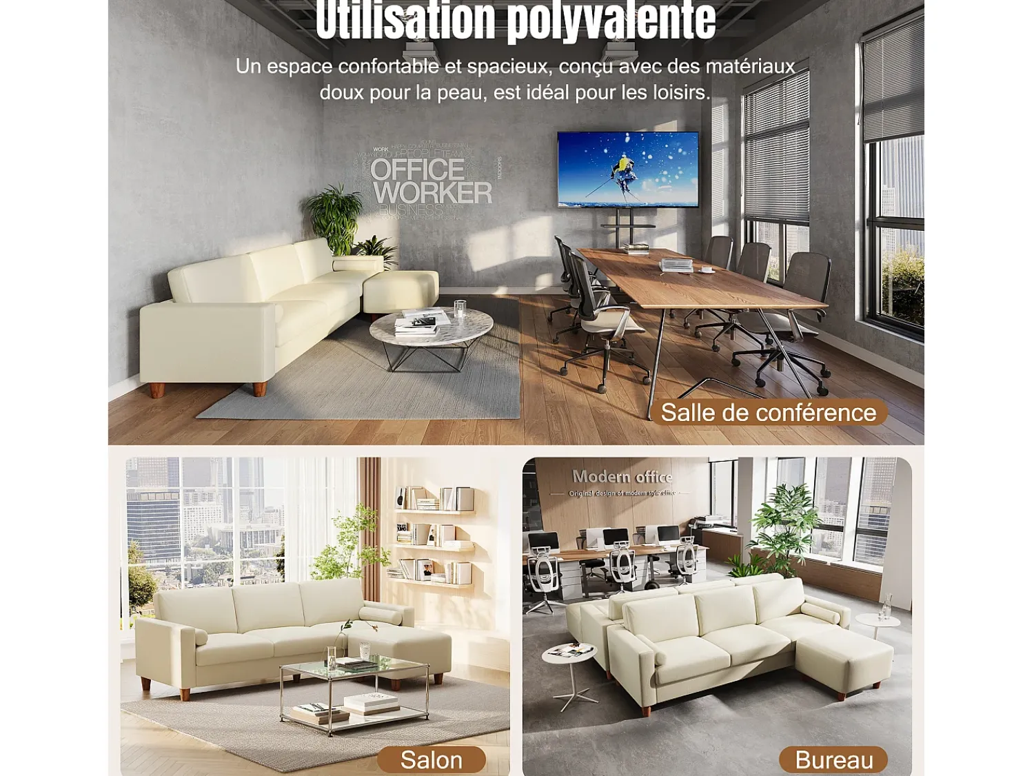 Clearance DripeX Sofá 3 lugares em courino, com puff e 2 almofadas redondas, estrutura de madeira, 234x155x88cm, Bege