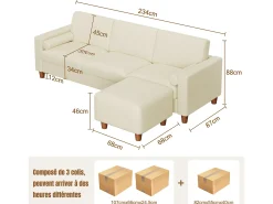 Clearance DripeX Sofá 3 lugares em courino, com puff e 2 almofadas redondas, estrutura de madeira, 234x155x88cm, Bege