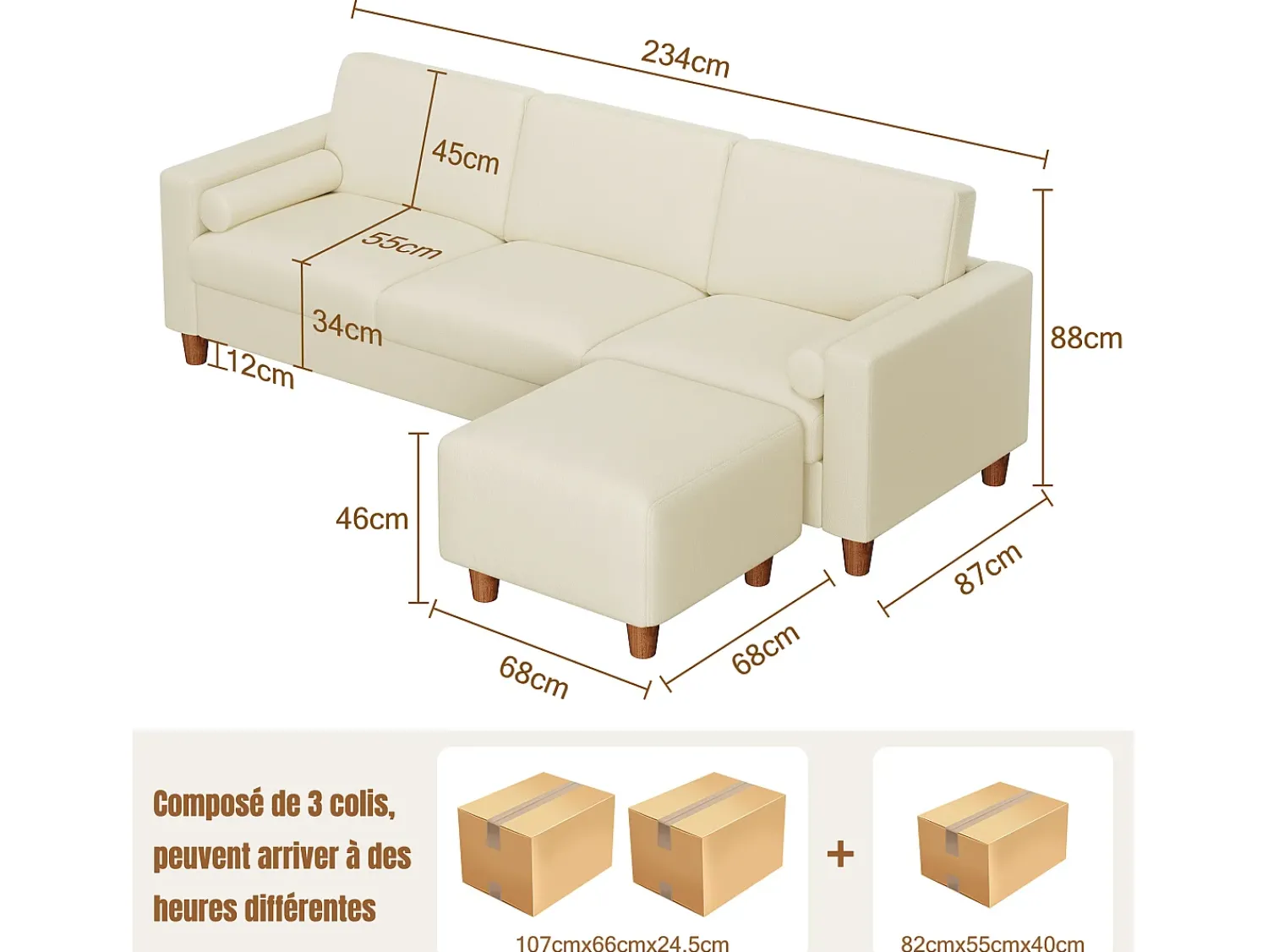 Clearance DripeX Sofá 3 lugares em courino, com puff e 2 almofadas redondas, estrutura de madeira, 234x155x88cm, Bege