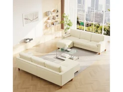 Clearance DripeX Sofá 3 lugares em courino, com puff e 2 almofadas redondas, estrutura de madeira, 234x155x88cm, Bege