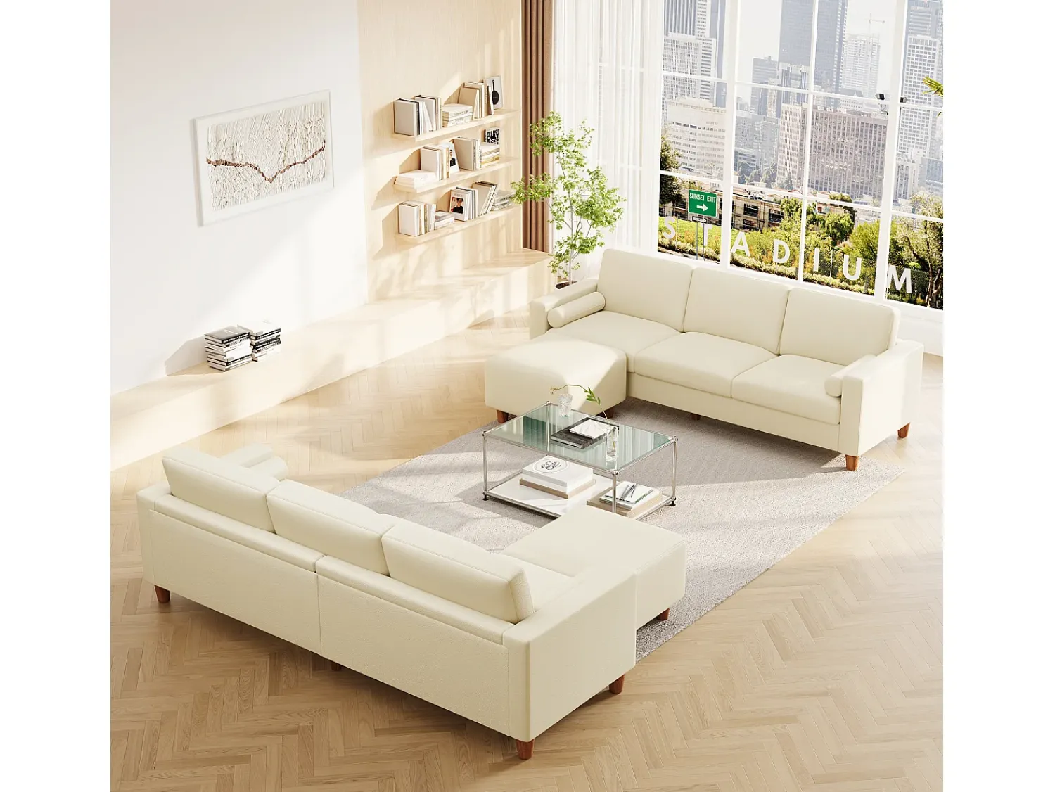 Clearance DripeX Sofá 3 lugares em courino, com puff e 2 almofadas redondas, estrutura de madeira, 234x155x88cm, Bege