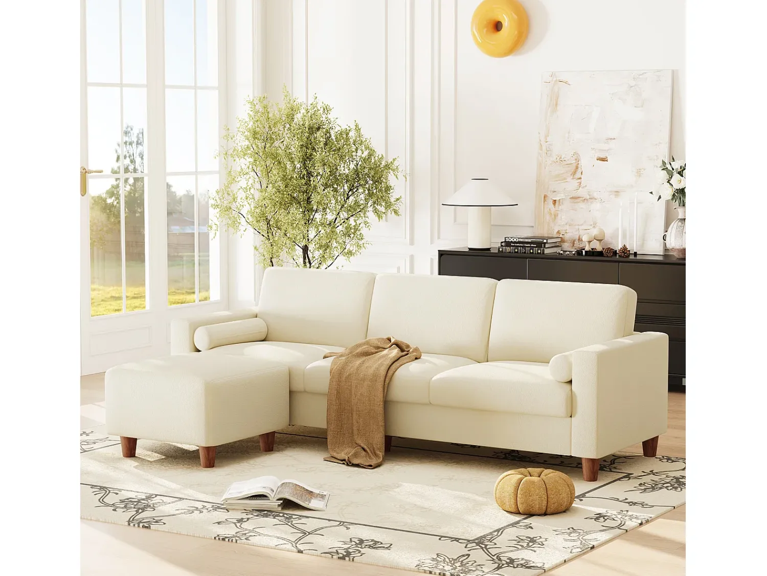 Clearance DripeX Sofá 3 lugares em courino, com puff e 2 almofadas redondas, estrutura de madeira, 234x155x88cm, Bege