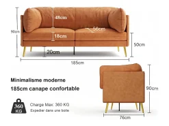New DripeX Sofá 2/3 lugares em couro sintético, com almofadas de assento profundas e confortáveis de 56 cm, 185x76x90 cm, laranja Cor de laranja