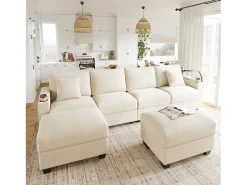 ModernLuxe Sofá 4 lugares em forma de U - Veludo canelado - Equipado con suporte para telefone e porta de carregamento USB -^ Sofá