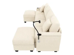 ModernLuxe Sofá 4 lugares em forma de U - Veludo canelado - Equipado con suporte para telefone e porta de carregamento USB -^ Sofá