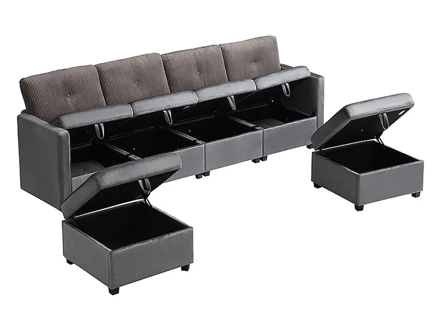 ModernLuxe Sofá 6 lugares em forma de U - con armazenamento - conversível multifuncional - veludo + veludo canelado - cinza^ Sofá
