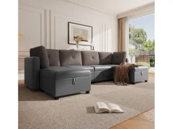 ModernLuxe Sofá 6 lugares em forma de U - con armazenamento - conversível multifuncional - veludo + veludo canelado - cinza^ Sofá