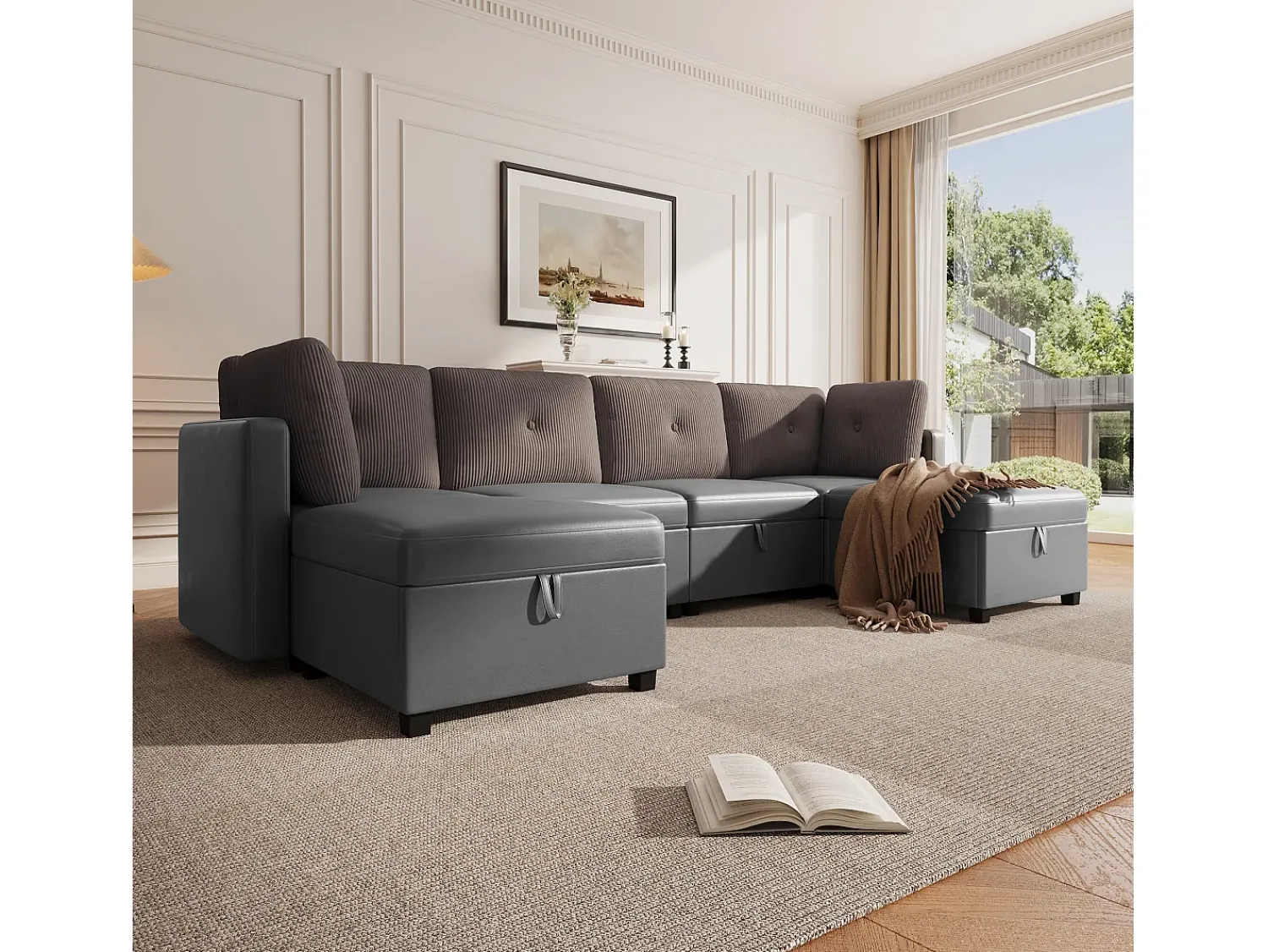 ModernLuxe Sofá 6 lugares em forma de U - con armazenamento - conversível multifuncional - veludo + veludo canelado - cinza^ Sofá