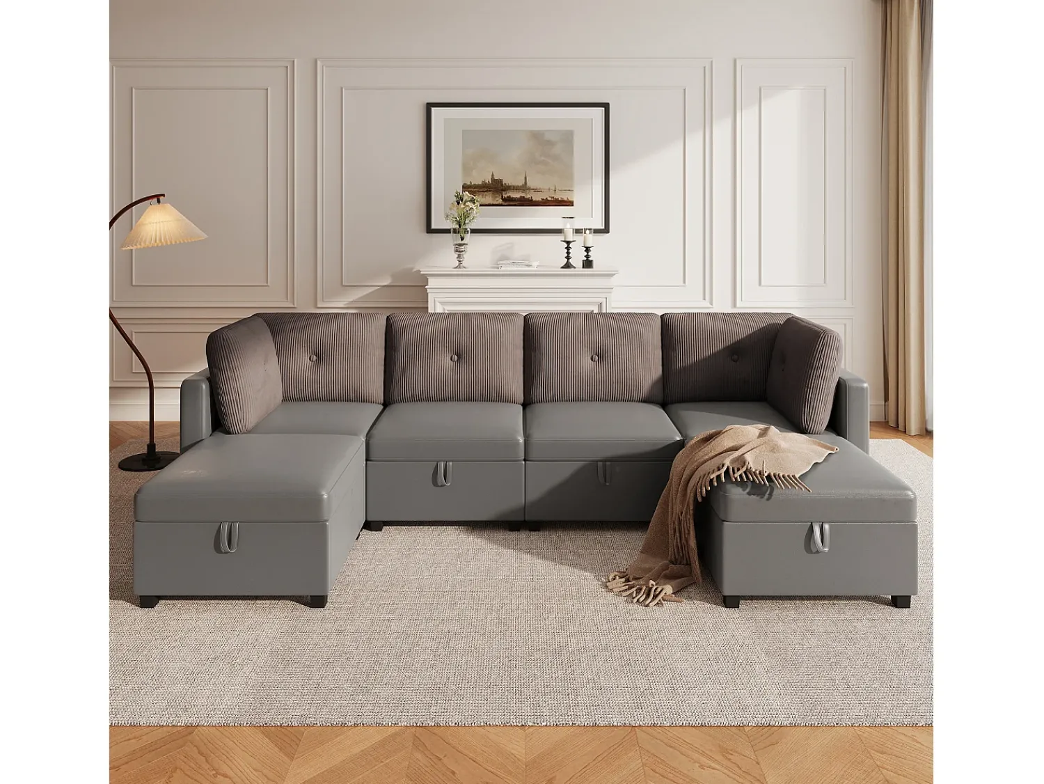 ModernLuxe Sofá 6 lugares em forma de U - con armazenamento - conversível multifuncional - veludo + veludo canelado - cinza^ Sofá