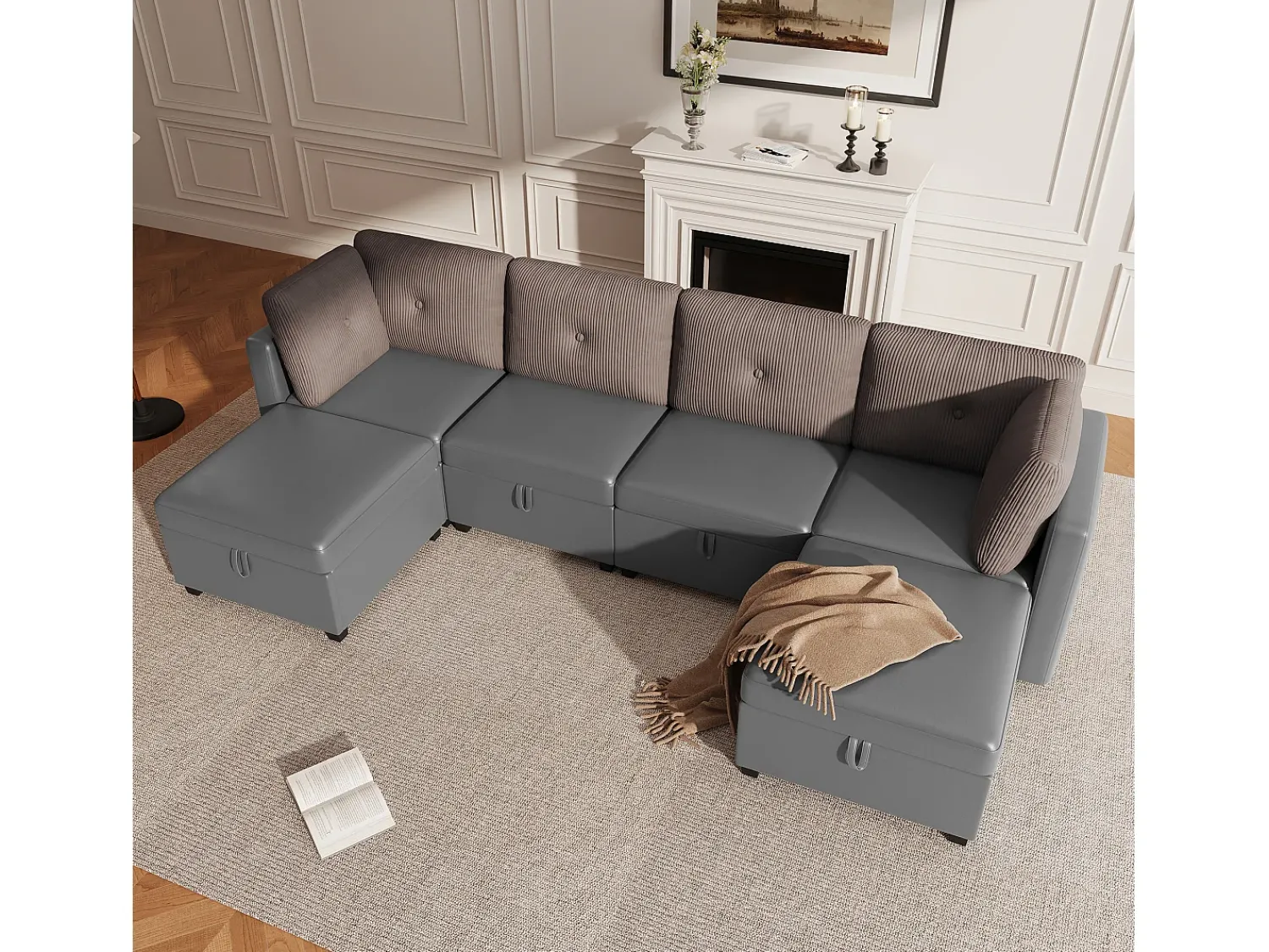 ModernLuxe Sofá 6 lugares em forma de U - con armazenamento - conversível multifuncional - veludo + veludo canelado - cinza^ Sofá