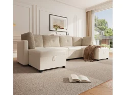 Sofá*ModernLuxe Sofá 6 lugares em forma de U - con armazenamento - conversível multifuncional - veludo + veludo canelado - Bege