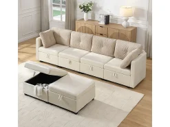 Sofá*ModernLuxe Sofá 6 lugares em forma de U - con armazenamento - conversível multifuncional - veludo + veludo canelado - Bege