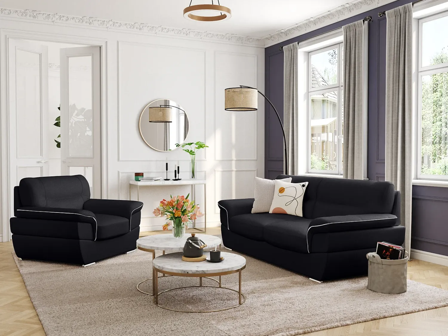 Sale LINEA SOFA Sofá 3 lugares em pele de vaca cor preta - THIBAULT Preto