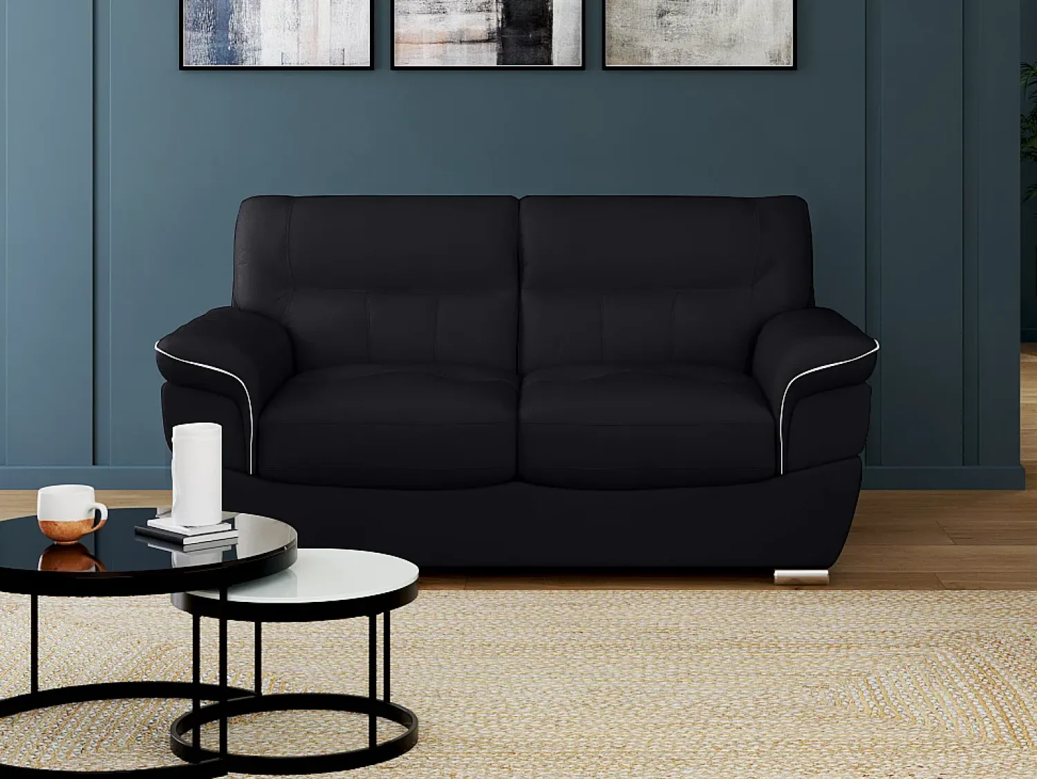 LINEA SOFA Sofá 2 lugares em pele de vaca cor Preta - THIBAULT^ Sofá