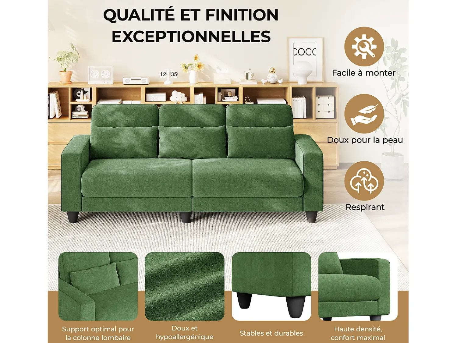 Sofá|DripeX Sofá 3 lugares em tecido chenille - com 3 almofadas - capa removível lavável - 220x81x88cm Verde