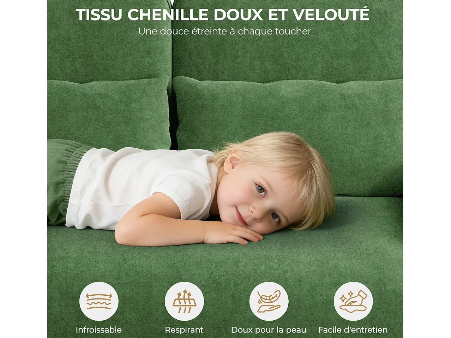 Sofá|DripeX Sofá 3 lugares em tecido chenille - com 3 almofadas - capa removível lavável - 220x81x88cm Verde